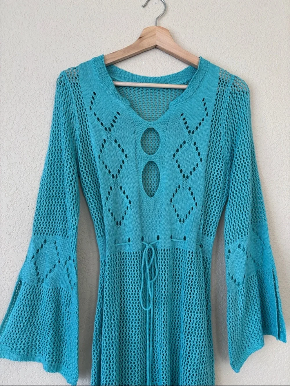 Turquoise Crochet Openwork Tunic with Tie Waist